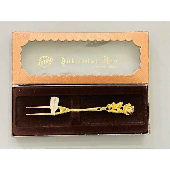 Vintage German Hildesheimer Rose 24k Gold Plated Cocktail Fork Appetizer Pickle - Picture 3 of 8